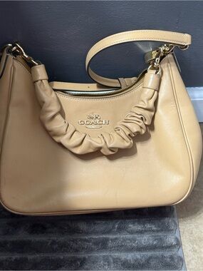 Coach Beige Leather Ruched-Handle Shoulder Bag with Gold Hardware